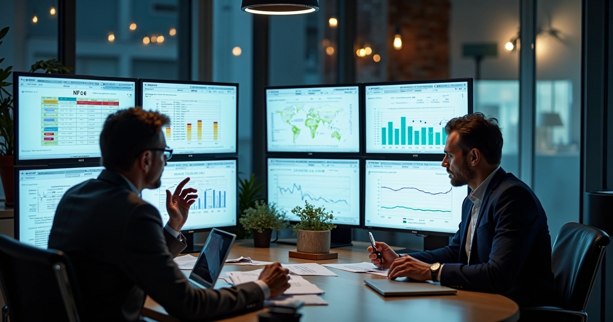 Equipe internacional analisando dados fiscais, computadores mostrando gráficos e documentos digitais de impostos brasileiros. 