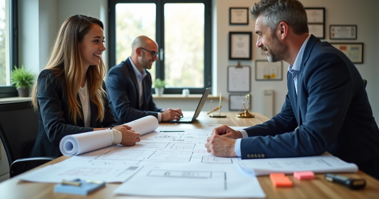 Advogado e engenheiro analisam juntos planta técnica em escritório 