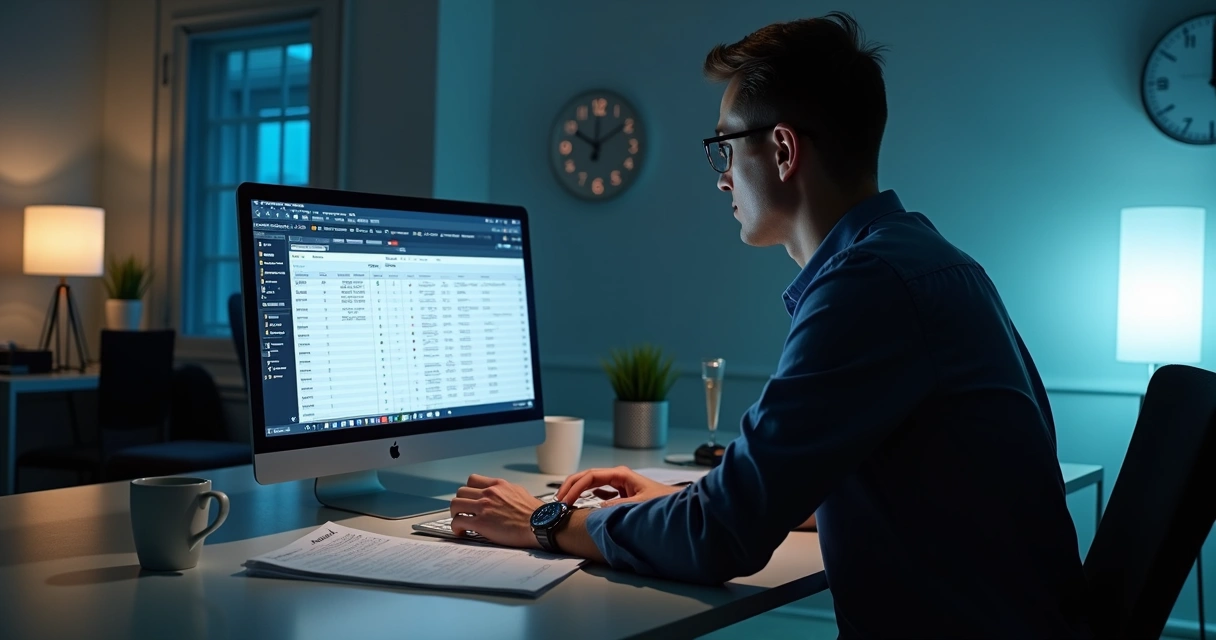 Pessoa concentrada em computador analisando fechamento de folha 
