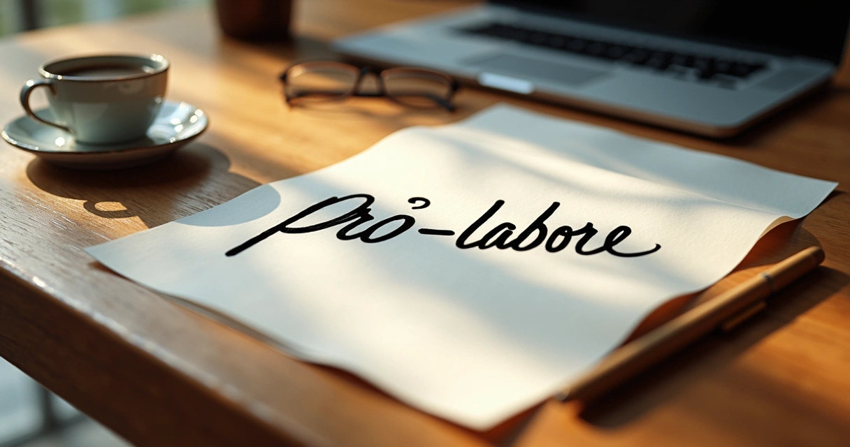 Três folhas de papel com os títulos pró-labore, distribuição de lucros e salário em uma mesa de escritório contemporânea com uma caneta e um laptop ao lado