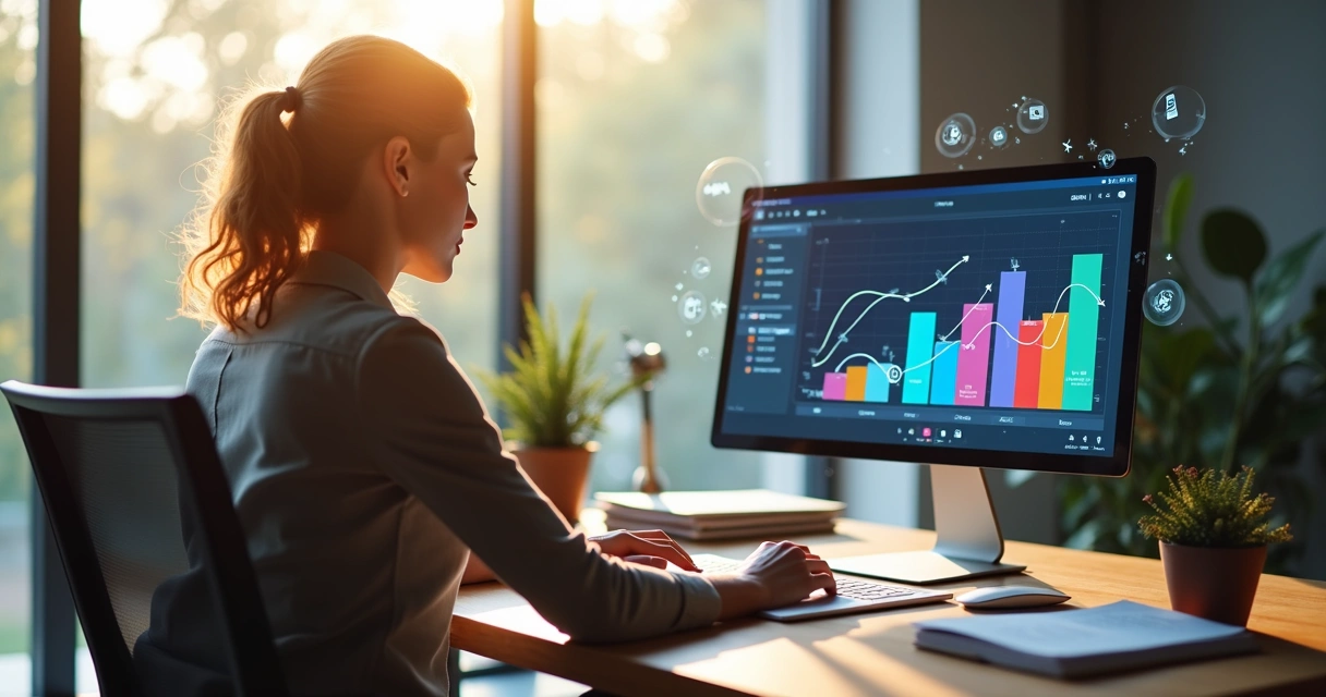 Profissional de contabilidade analisando dados em um computador moderno. 