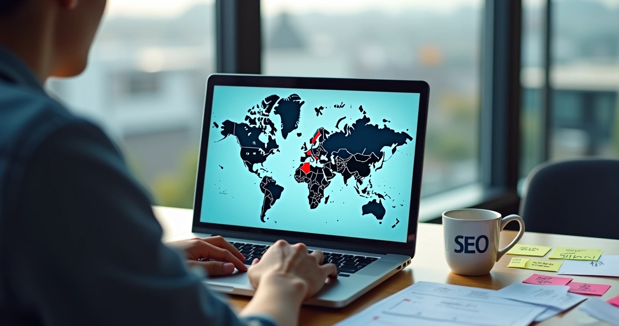 Pessoa trabalhando em conteúdo do blog analisando dados de geolocalização na tela 