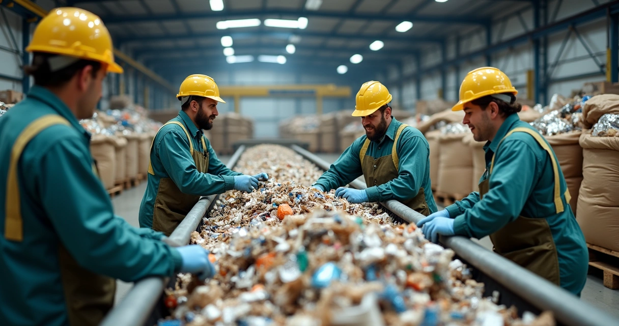 Equipe de cooperativa trabalhando na triagem de materiais recicláveis 