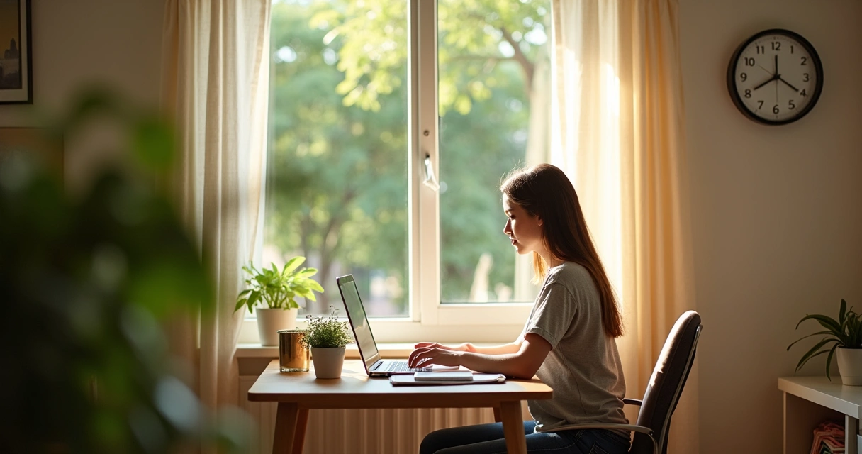 Pessoa trabalhando em mesa de escritório com janela aberta ao fundo e jardim externo, equilíbrio entre trabalho e descanso 