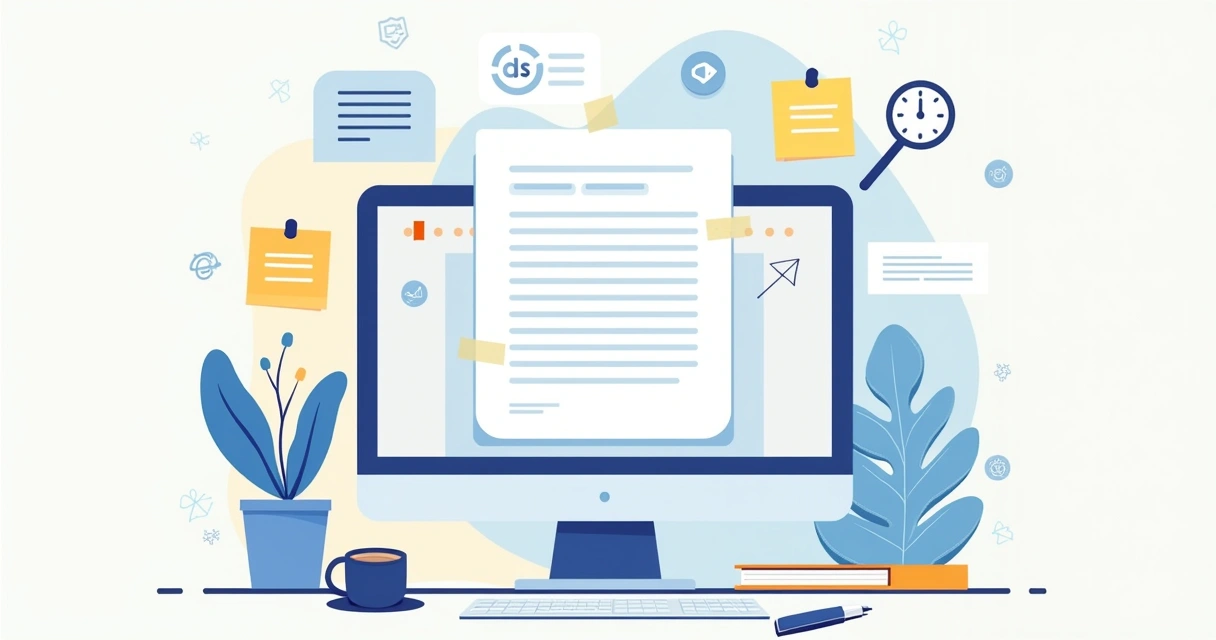 Espaço de trabalho digital com um documento longo e links destacados em um computador, representando fácil navegação.