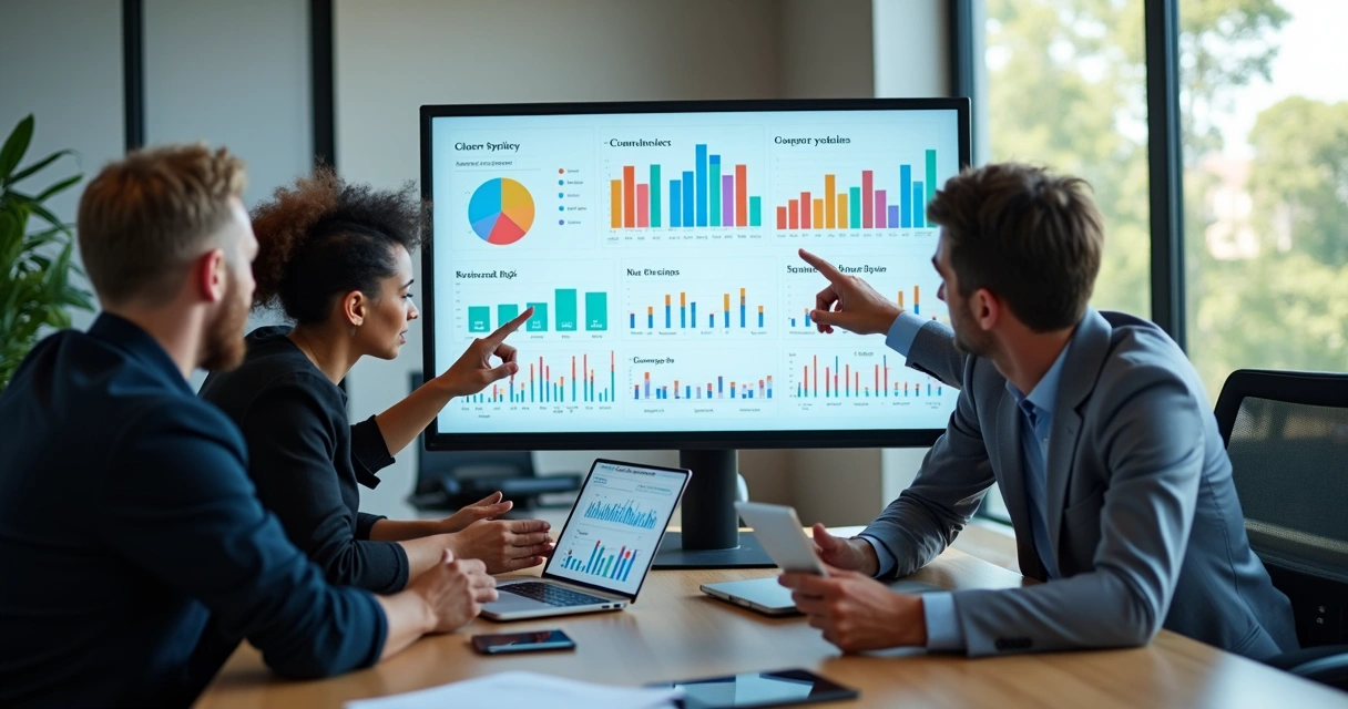 Equipe financeira analisando gráficos digitais 