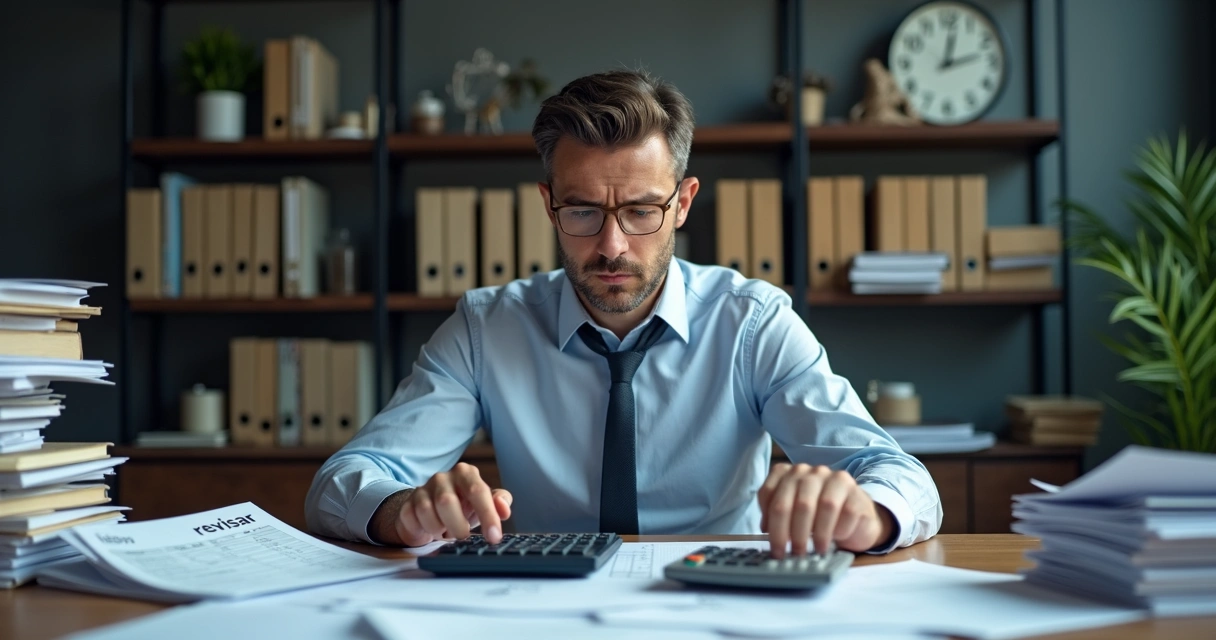 Profissional conferindo pilhas de papéis em um escritório contábil, demonstrando desgaste e retrabalho 