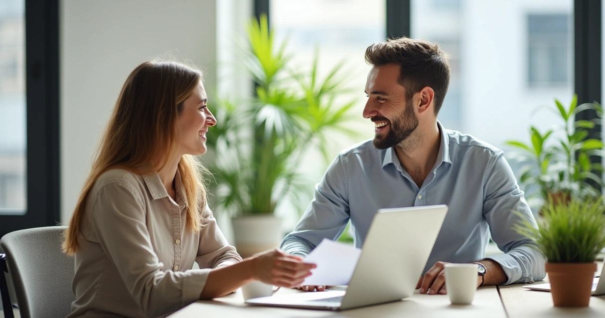 Dois colegas de trabalho conversando e sorrindo em mesa de escritório 