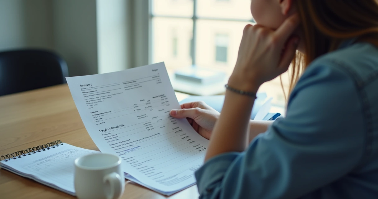 Pessoa refletindo sobre trabalho e finanças diante de mesa com documentos