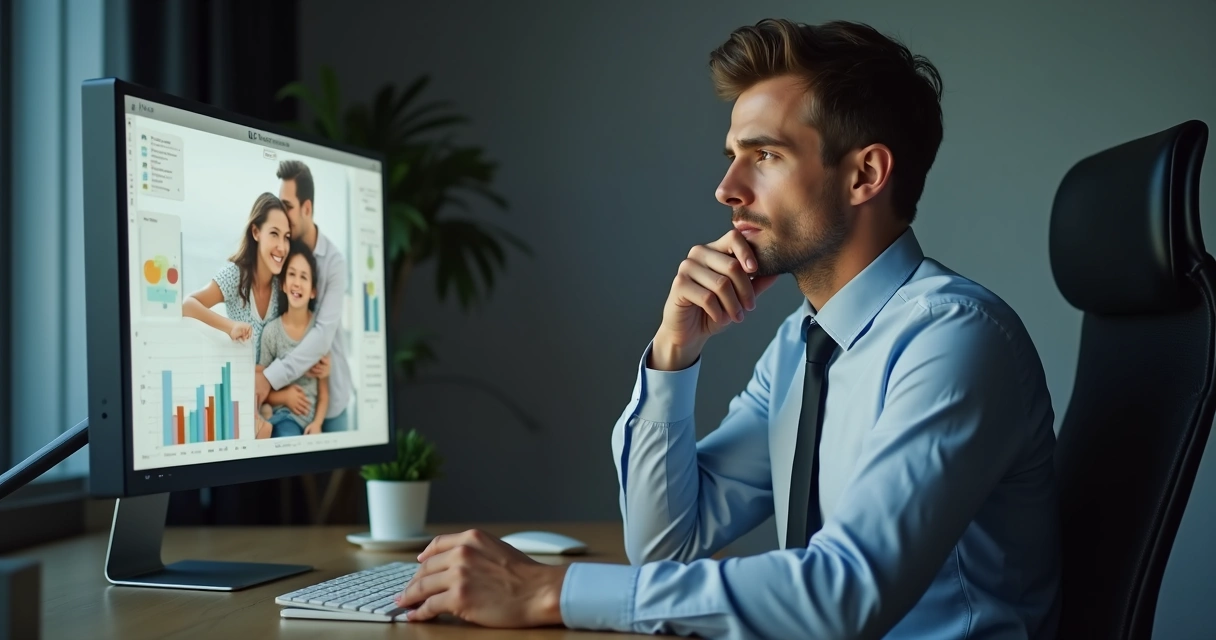 Pessoa observando tela de computador com expressão pensativa