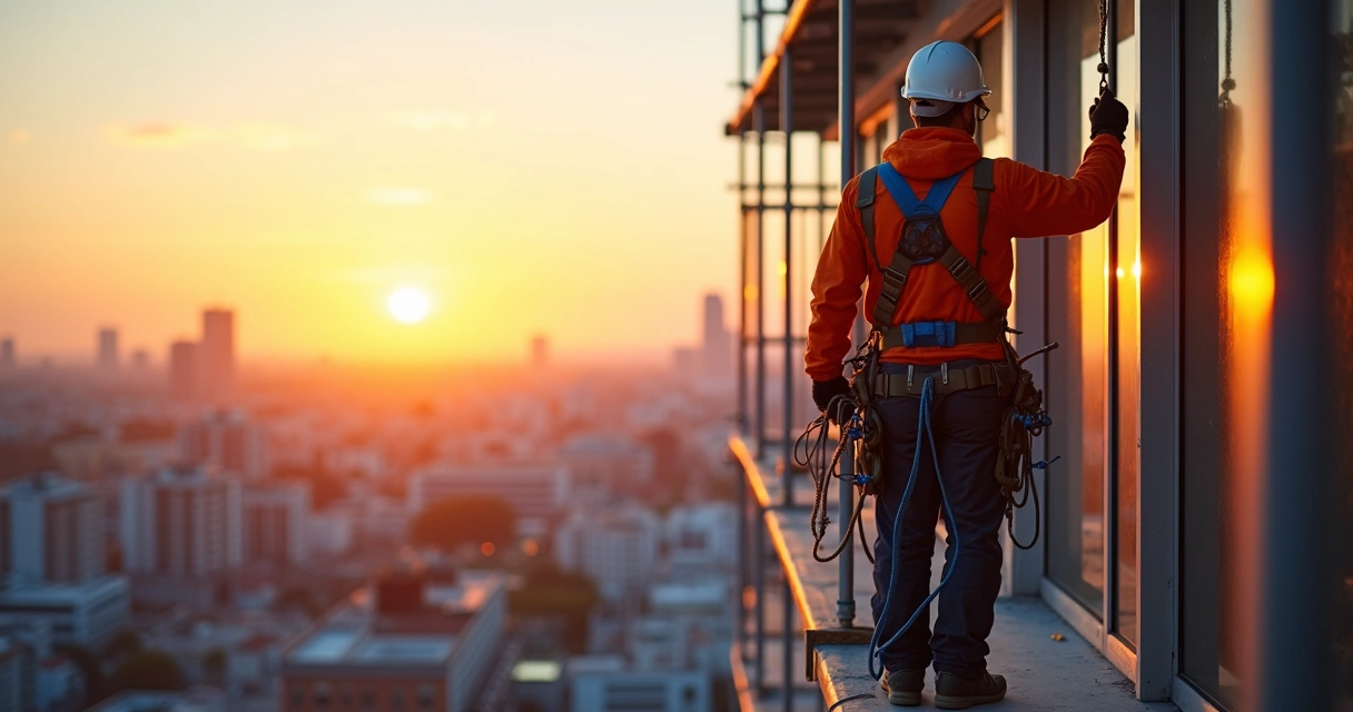 Trabalhador em altura usando cinto de segurança 