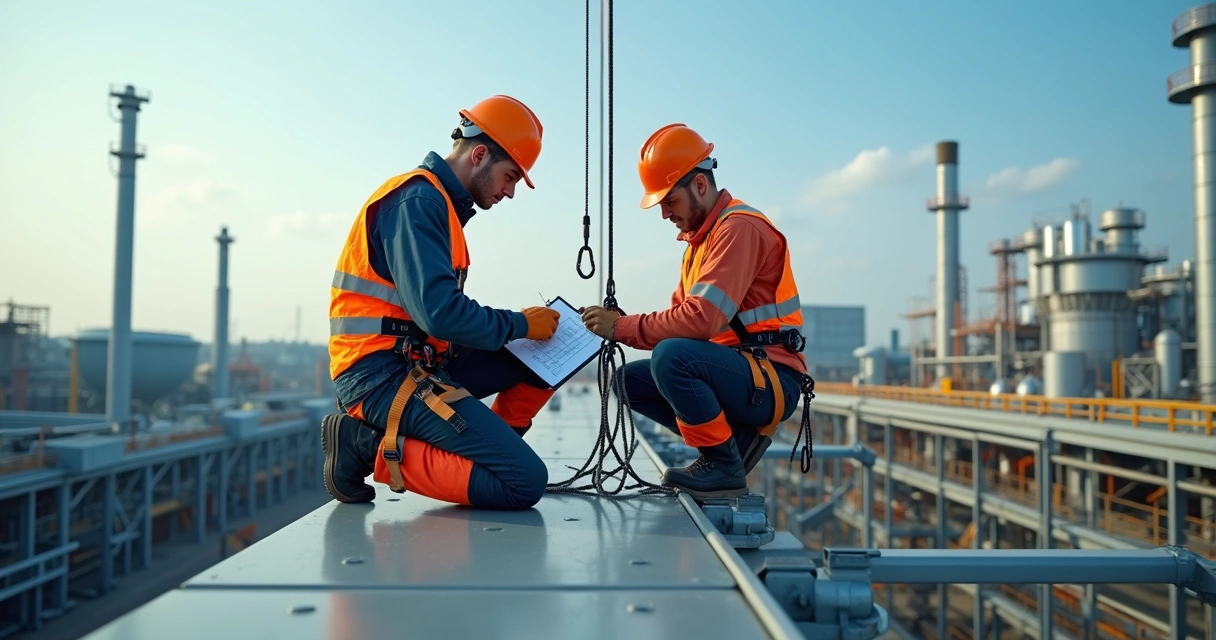 Trabalhadores em altura usando cintos de segurança e linha de vida em estrutura metálica 