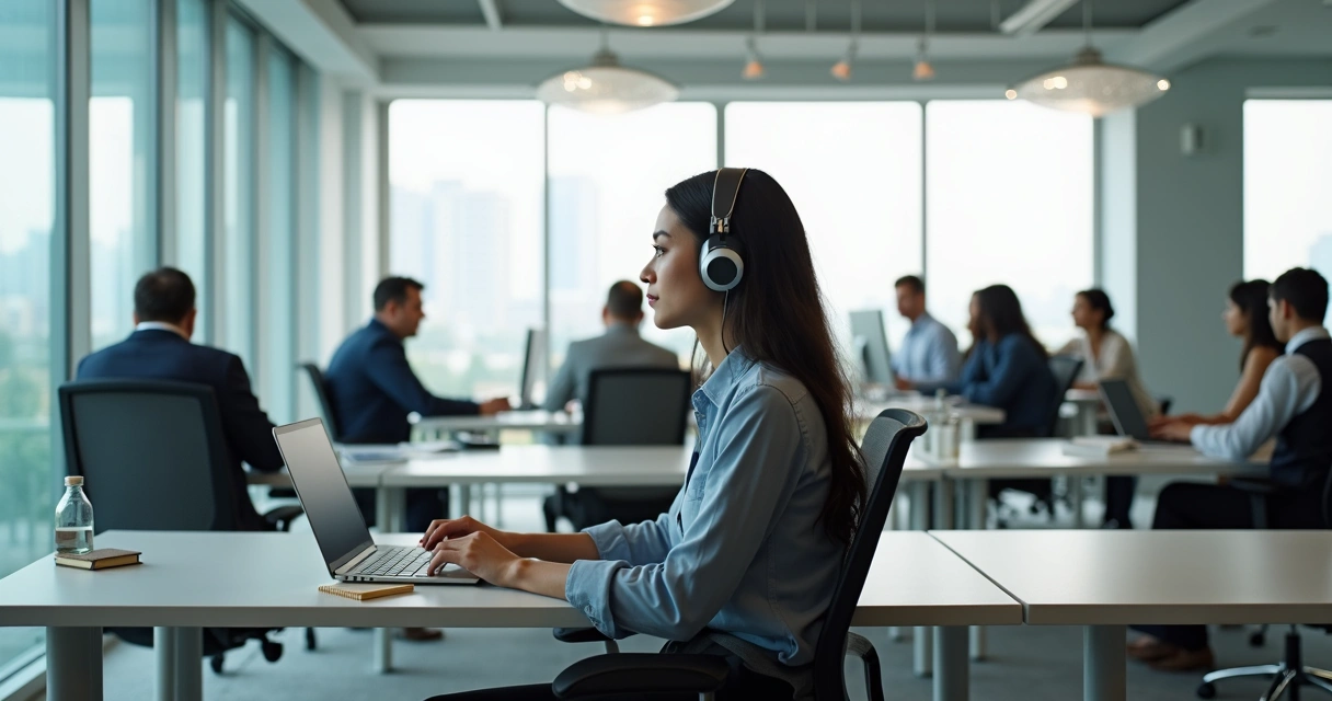 Pessoa concentrada trabalhando em sala privativa de coworking 