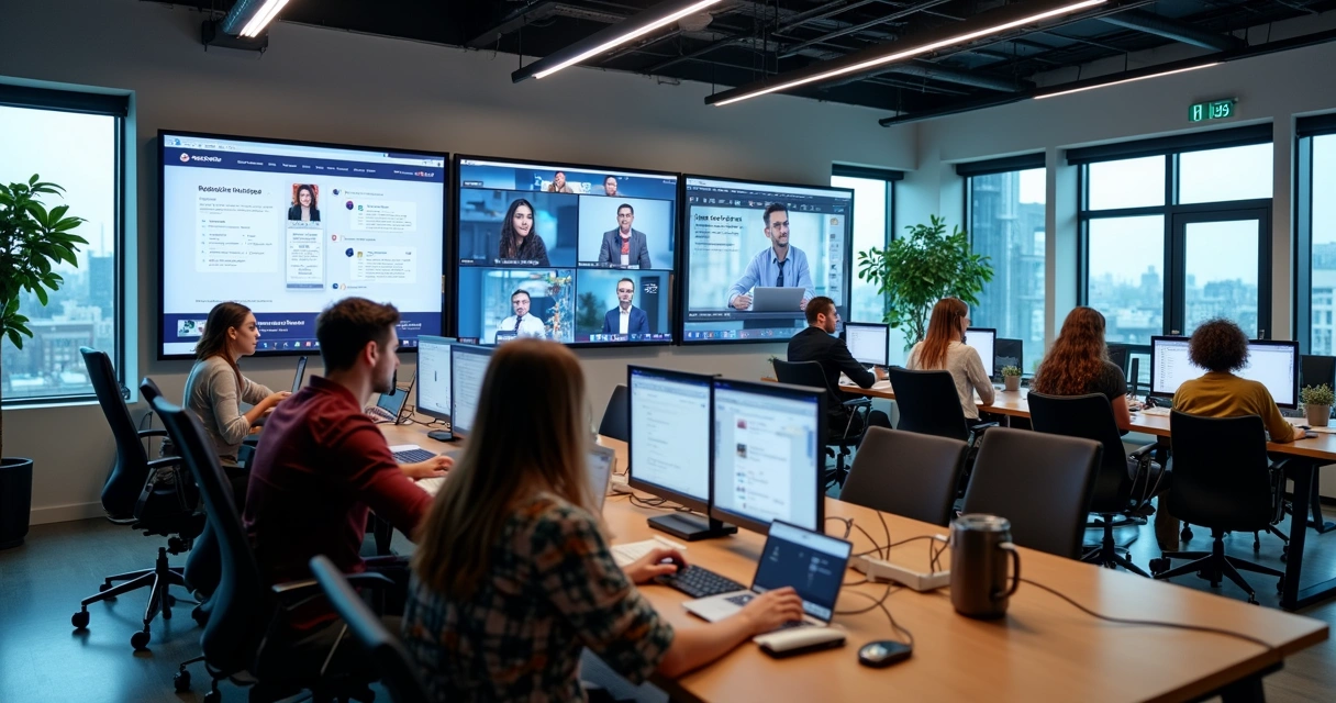 Profissionais em coworking usando internet rápida no computador