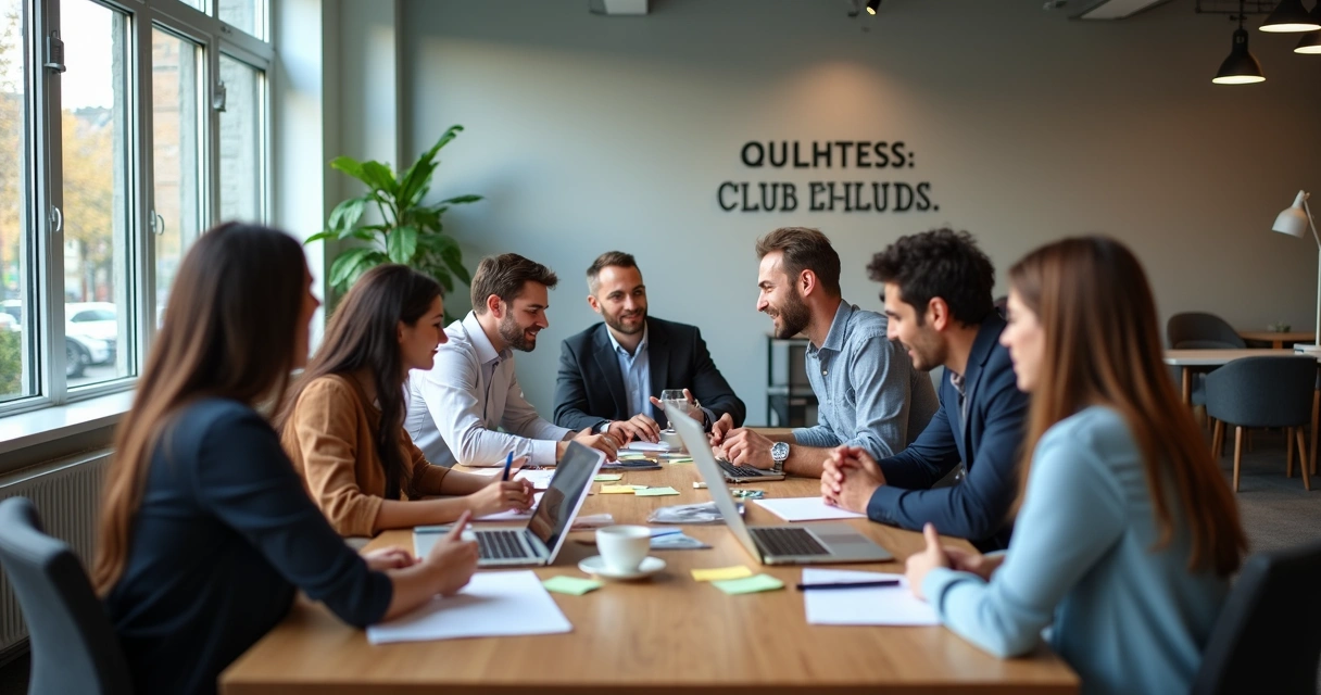 Grupo de colegas de trabalho em uma mesa discutindo juntos, com expressões focadas e diversas anotações 