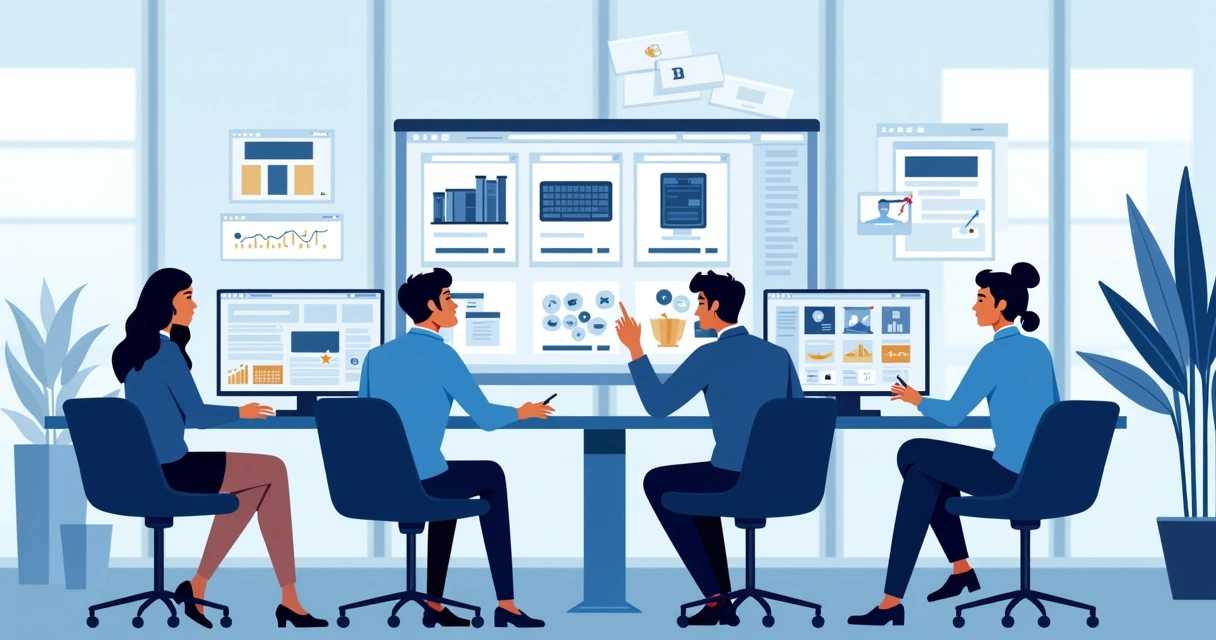 Equipe comercial analisando catálogo digital em reuniões 