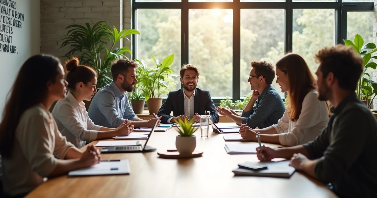 Colaboradores de diferentes idades e gêneros em volta de uma mesa de reunião, demonstrando diálogo aberto e atmosfera de confiança 