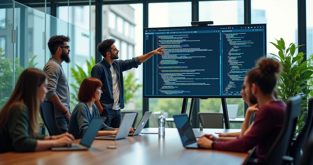 Equipe de desenvolvimento de software discutindo código em sala de reunião moderna e telas digitais 