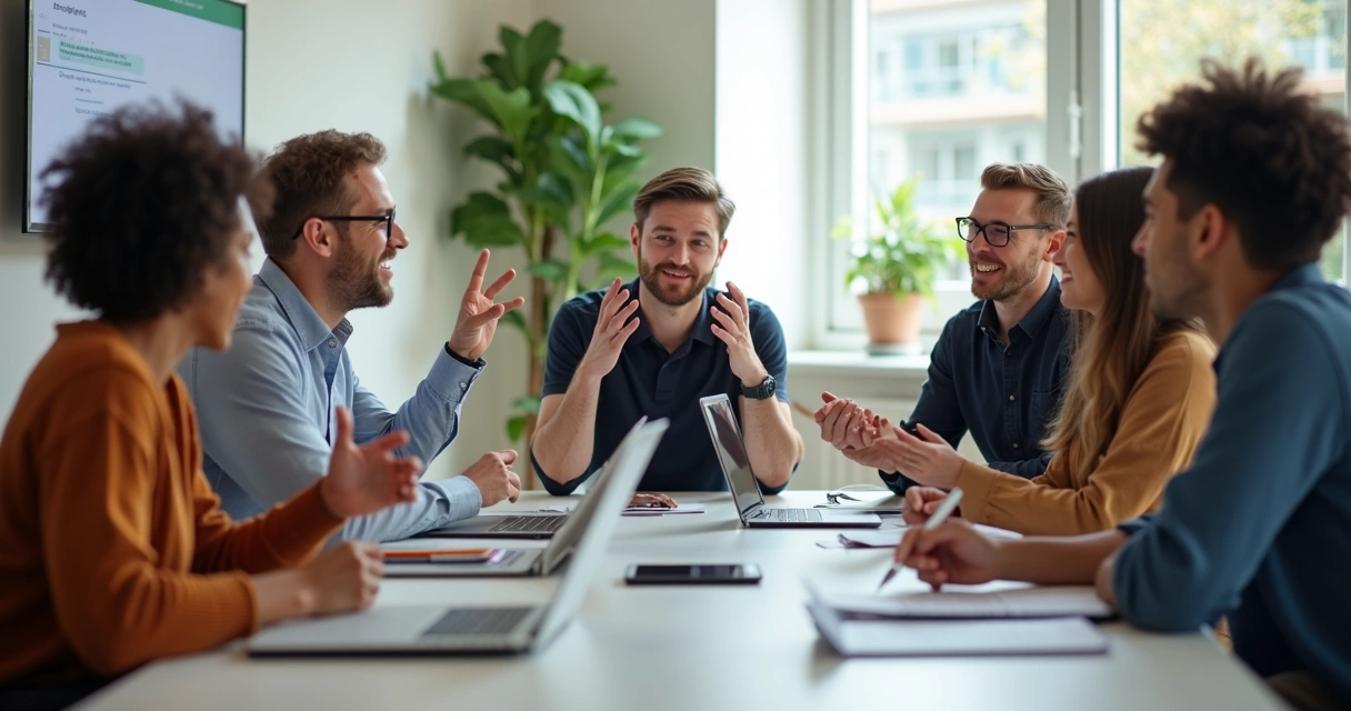 Equipe discutindo ao redor de mesa de trabalho, misturando emoções e raciocínio 