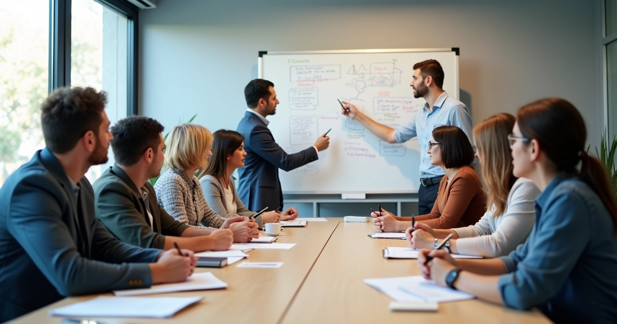 Equipe reunida debatendo ao redor de uma mesa retangular