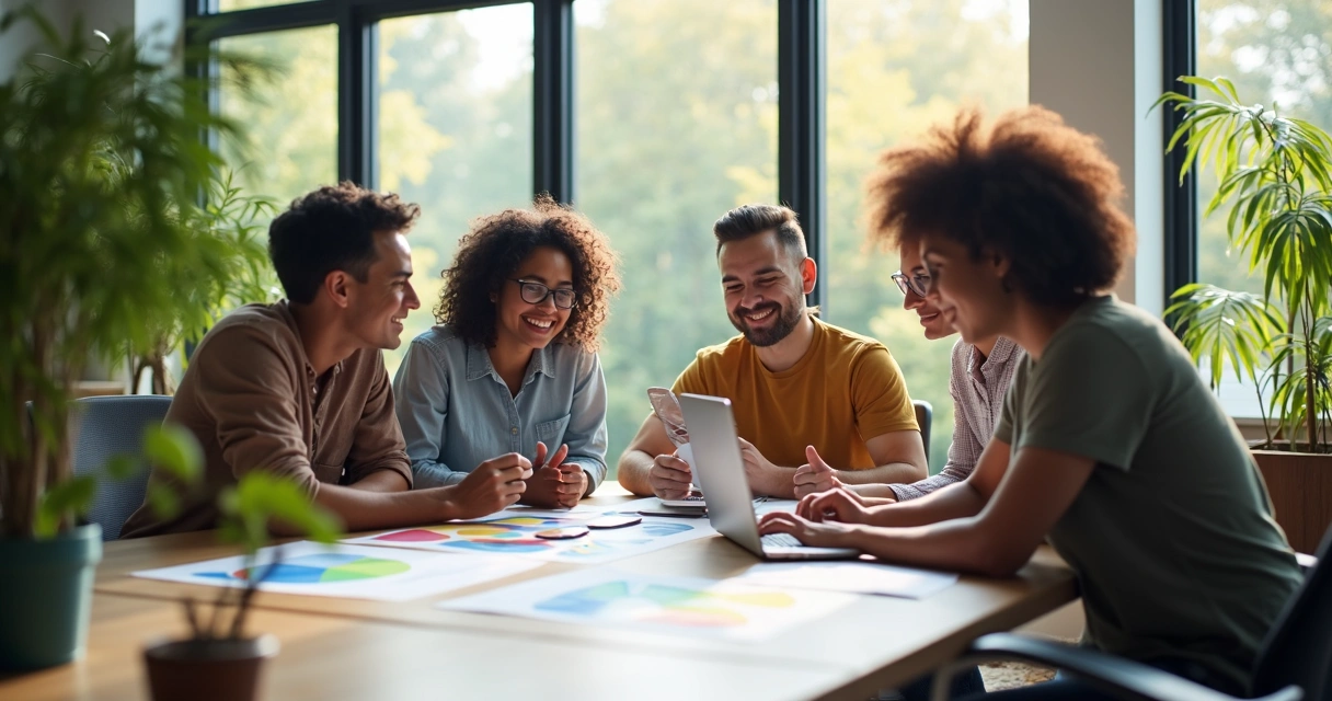 Equipe reunida em mesa de escritório, visualizando gráficos e trocando ideias de maneira harmônica 