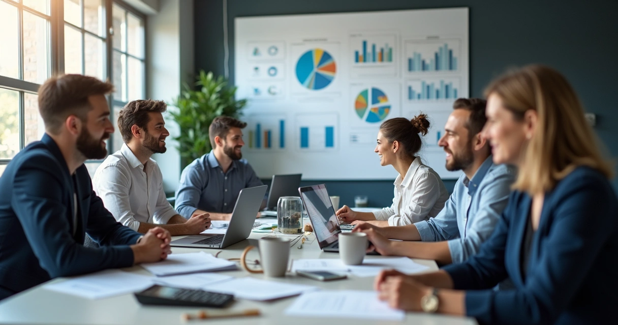 Equipe de escritório contábil reunida em volta de computadores 