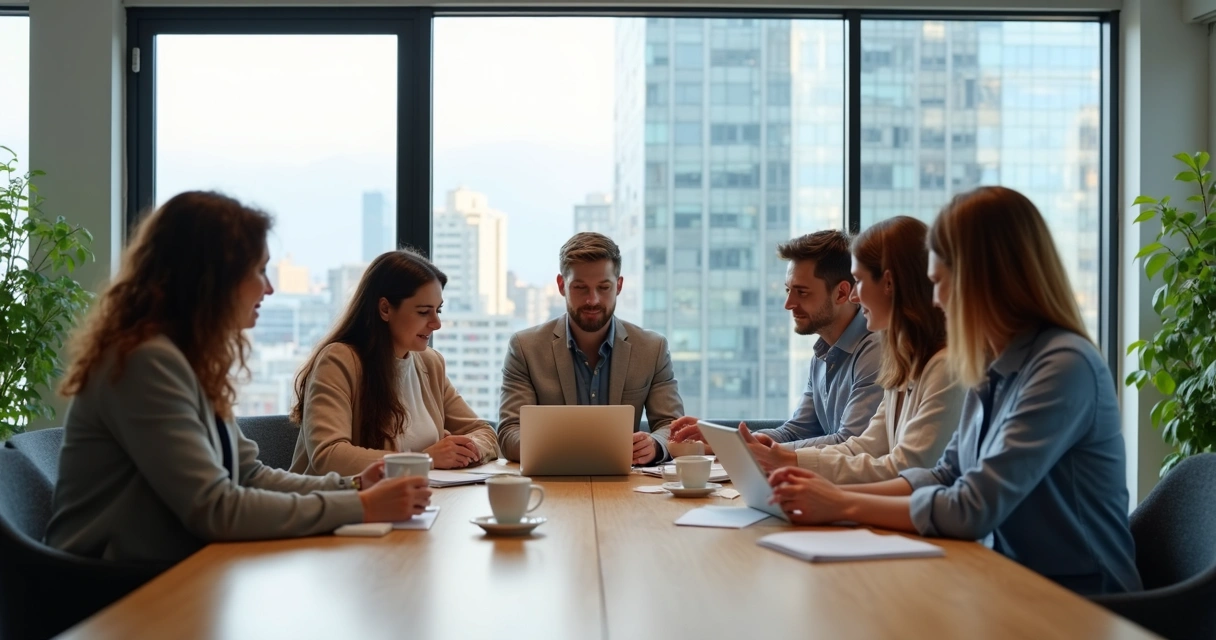 Grupo de pessoas em reunião colaborativa em ambiente corporativo moderno, sentados ao redor de uma mesa, interagindo de forma positiva
