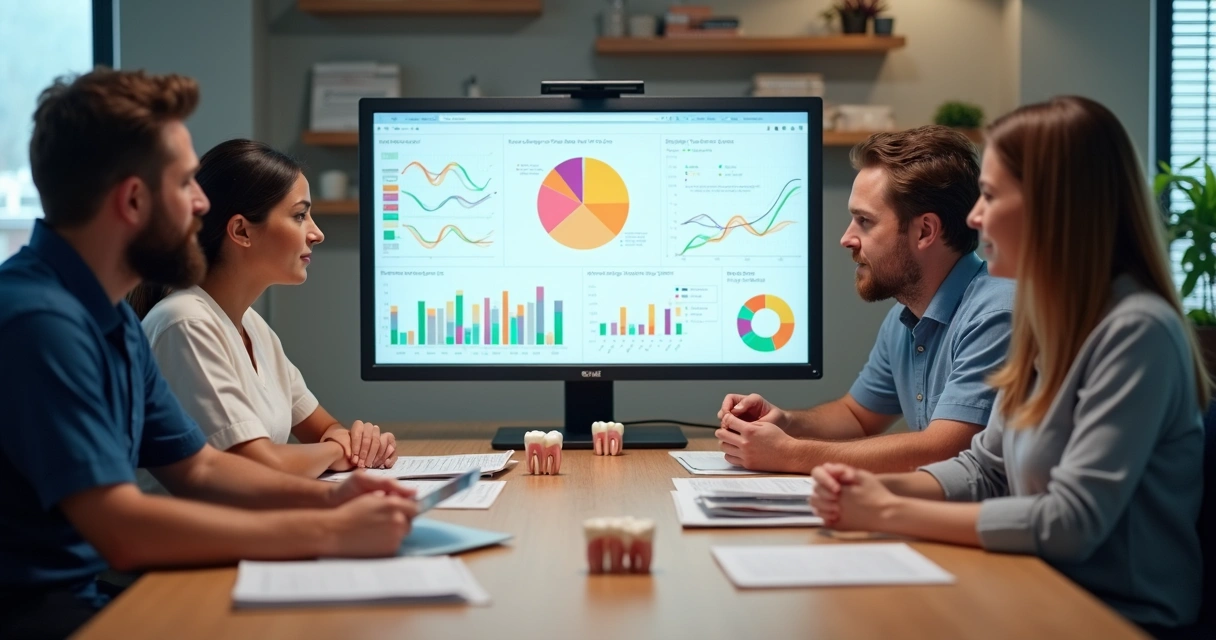 Equipe analisando métricas em tela de computador