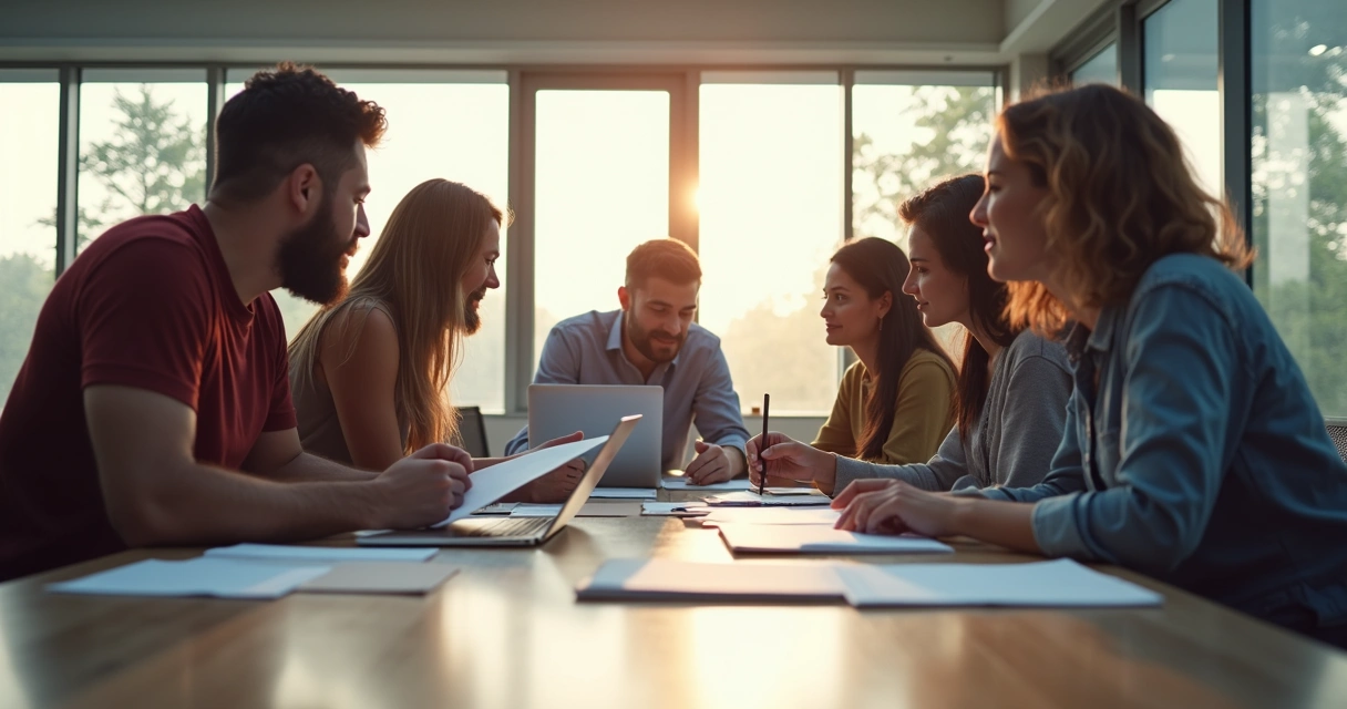 Equipe multicultural colaborando em escritório moderno 