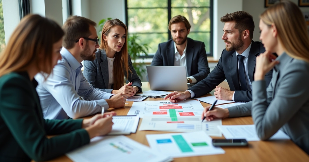 Equipe de PME em torno da mesa analisando fluxo de caixa 