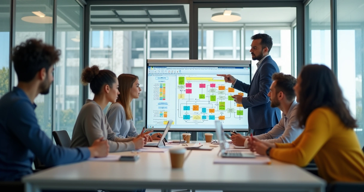 Equipe reunida em sala de reuniões analisando fluxo de processos em painéis brancos 
