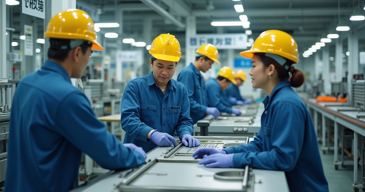 Operários em fábrica japonesa com uniforme e equipamentos