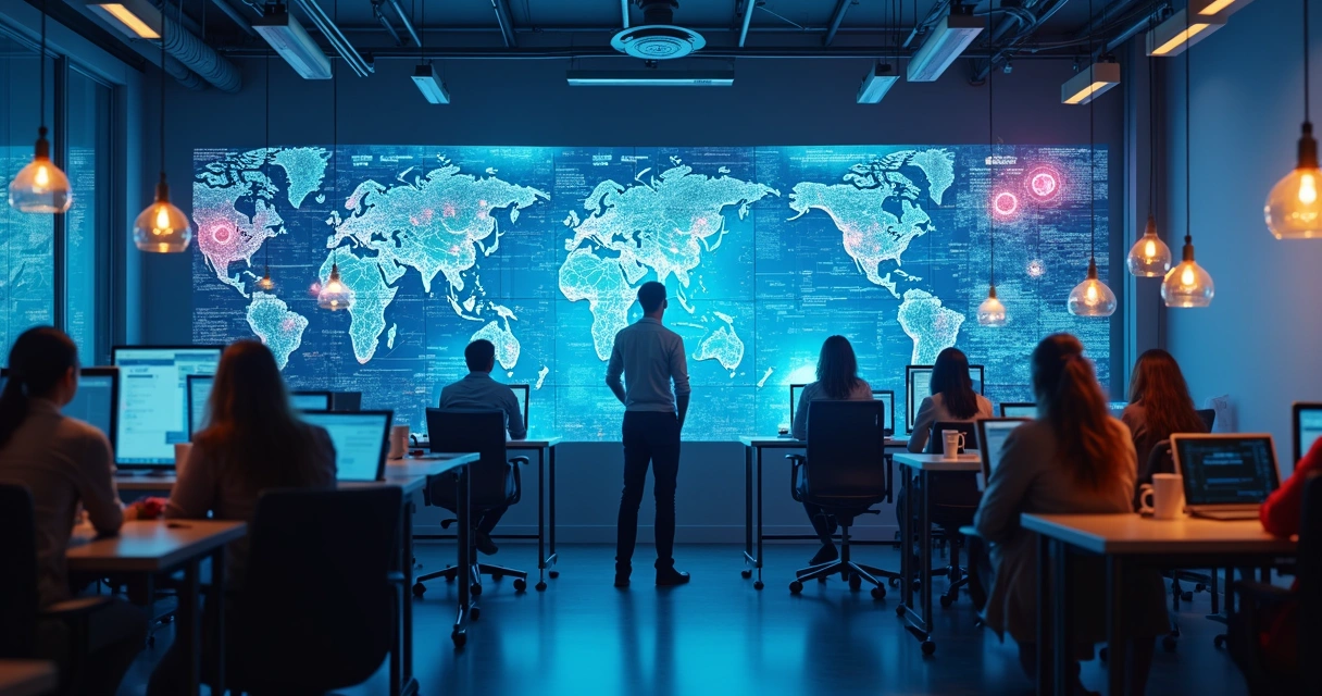 Fluxo de trabalho digital sendo otimizado com simbologias de IA generativa integradas 