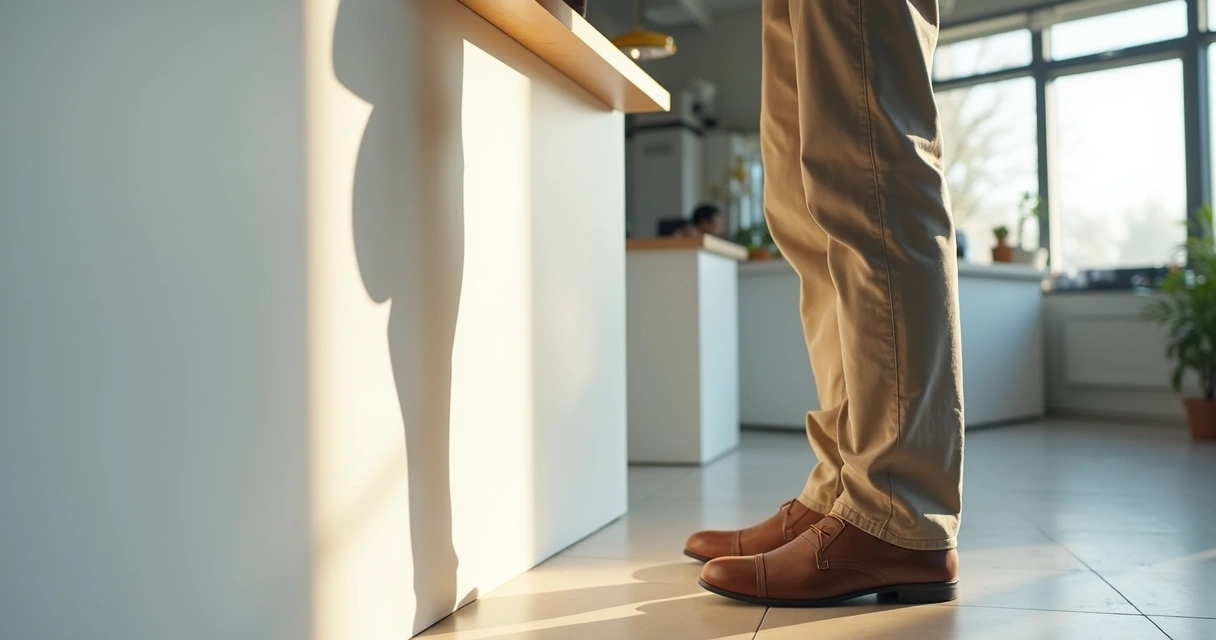 Pessoa em pé trabalhando ao lado de uma bancada clara, destacando panturrilhas com veias ligeiramente visíveis. 