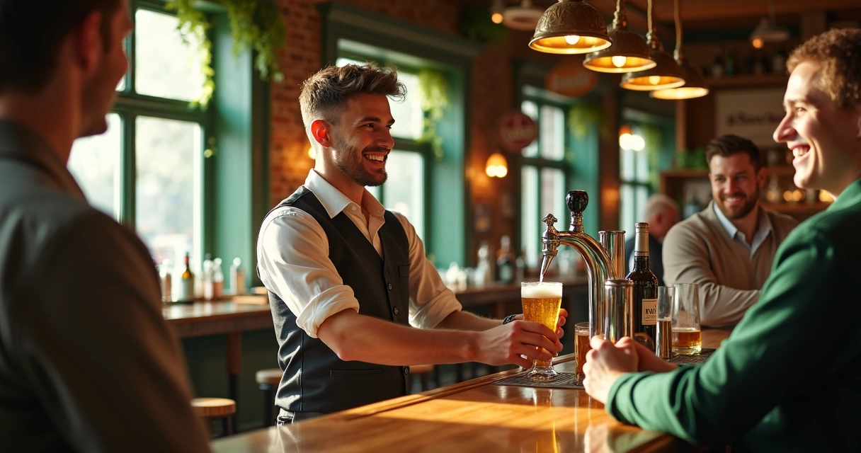 Jovem trabalhando em pub irlandês servindo chope a clientes sorridentes 
