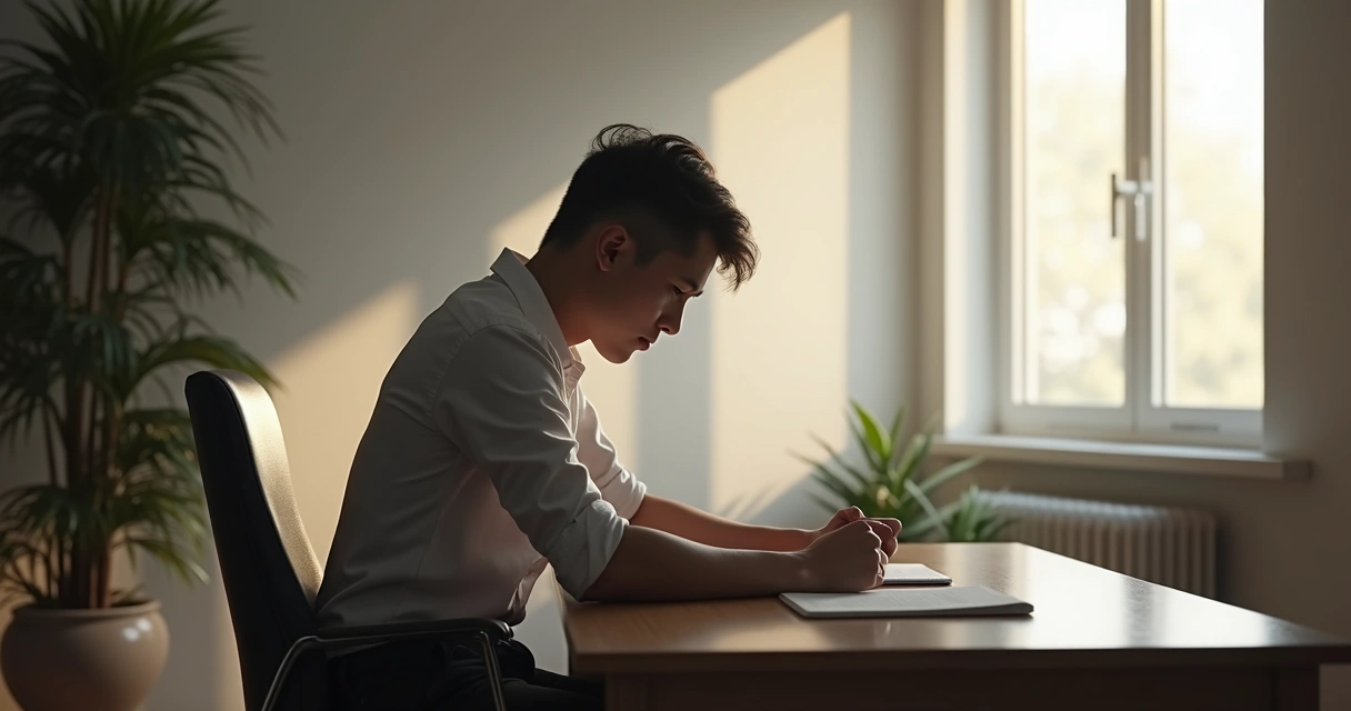 Pessoa sentada sozinha em uma sala de trabalho quieta, luz suave e papel à frente 