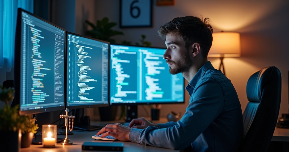 Pessoa trabalhando em TI com símbolos cristãos ao redor 