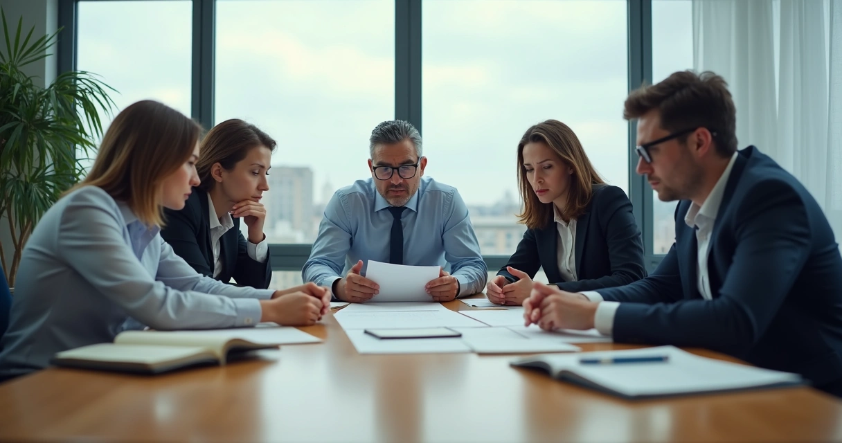 Equipe trabalhando em volta de uma mesa, rostos tensos e expressão concentrada 
