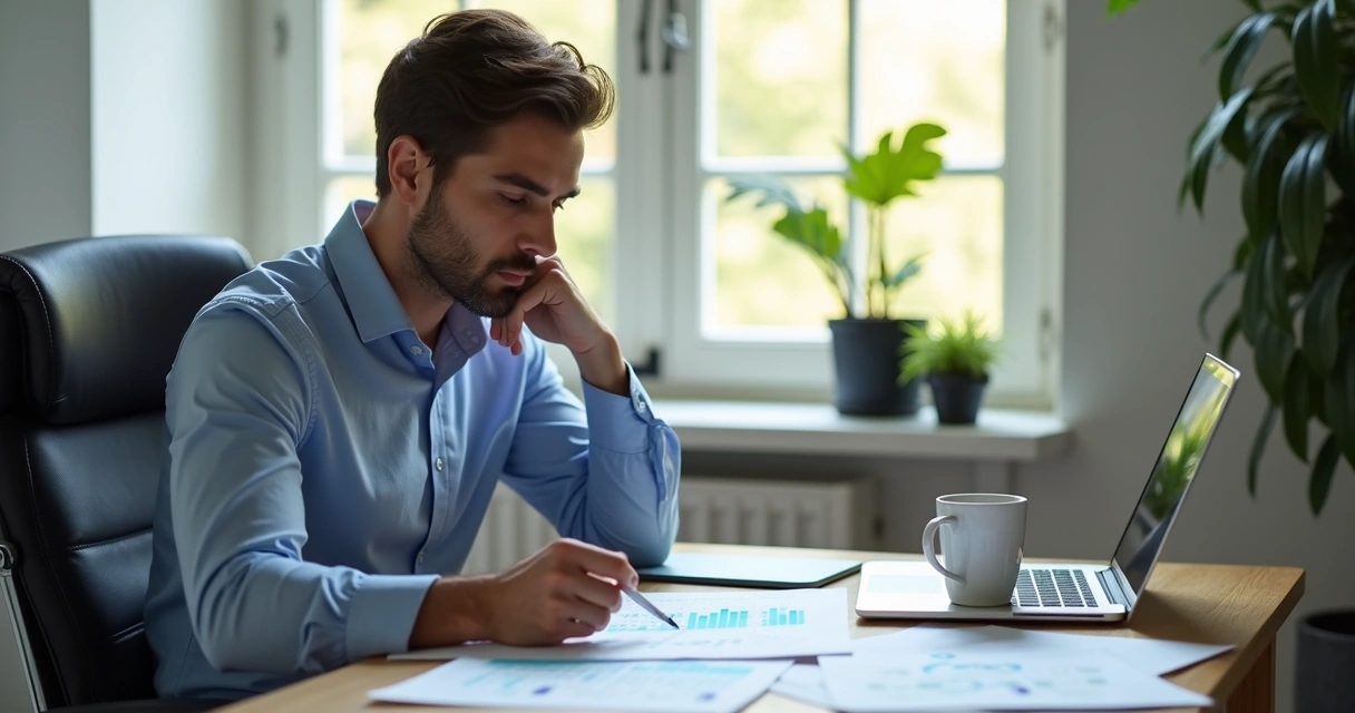 Profissional sentado analisando calmamente relatórios com xícara de café ao lado