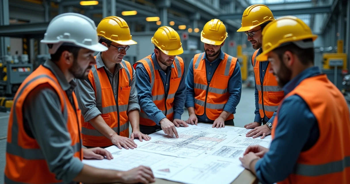 Equipe analisando riscos em área industrial 