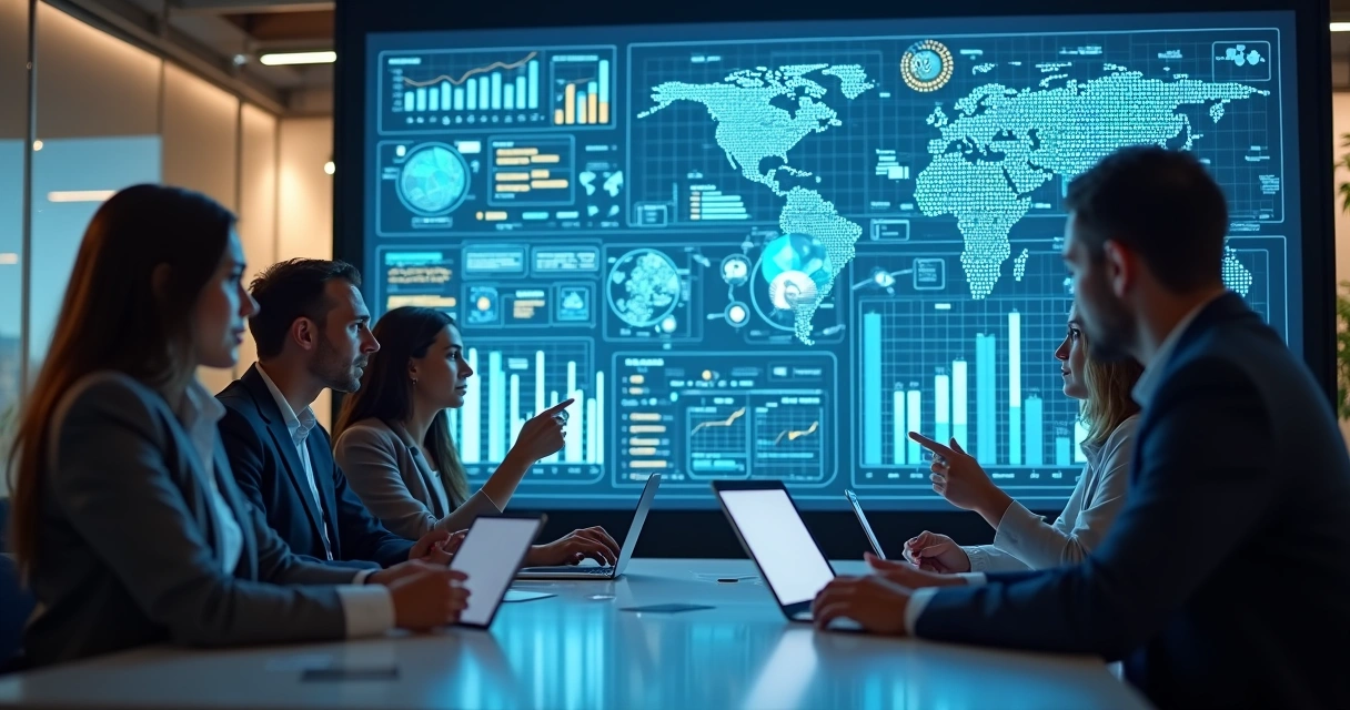 Equipe analisando dashboards e fluxos centralizados de dados na empresa 