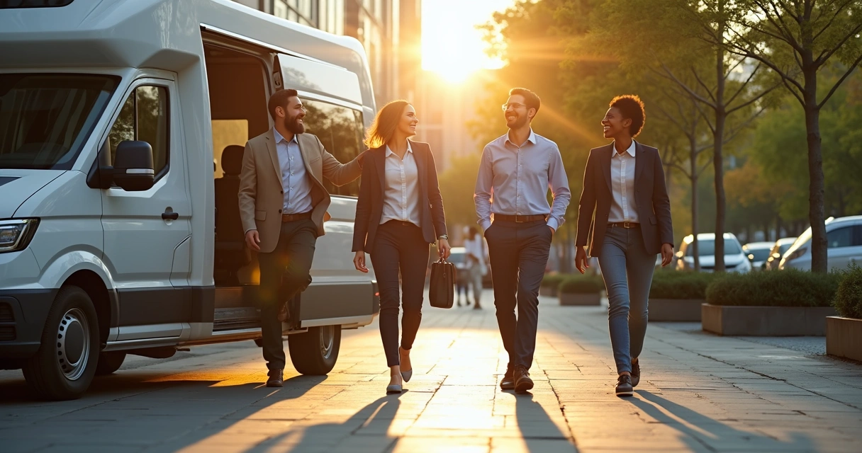Equipe chegando feliz na empresa ao desembarcar do transporte fretado 