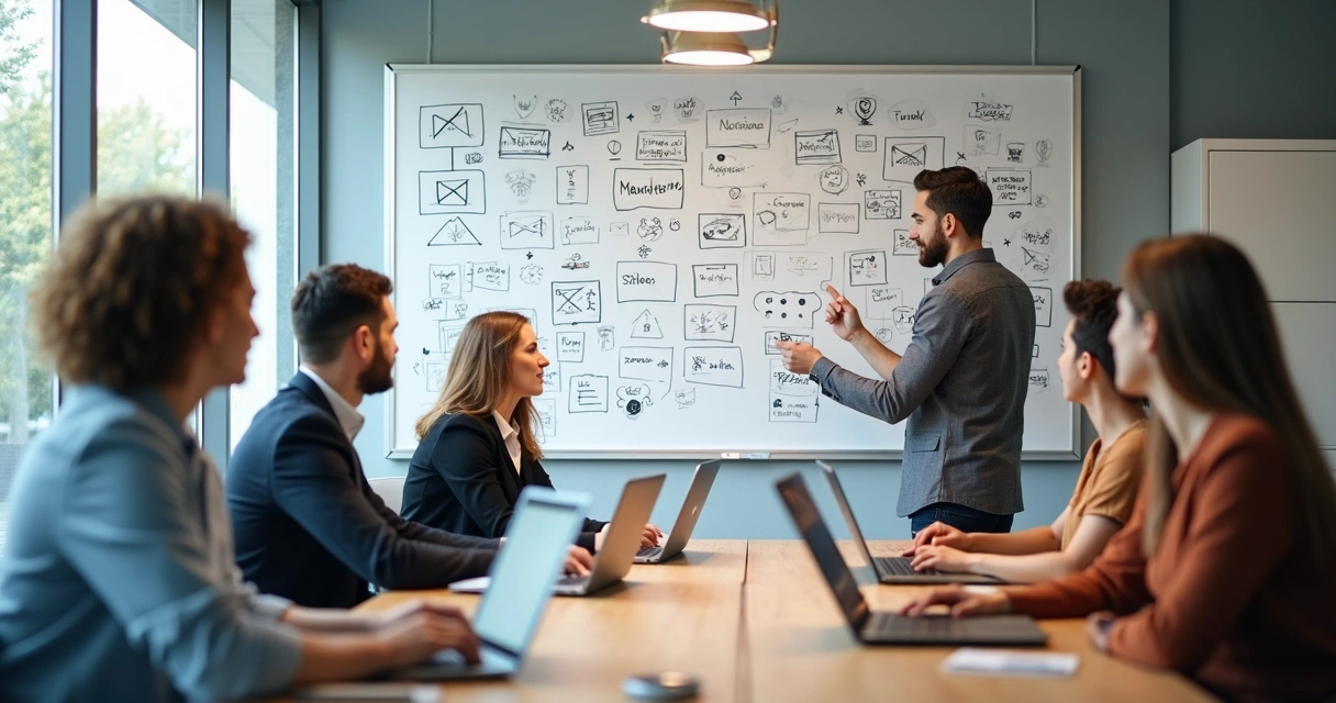 Trabalho de equipe criativa em ambiente digital com notebooks e ideias no quadro branco 