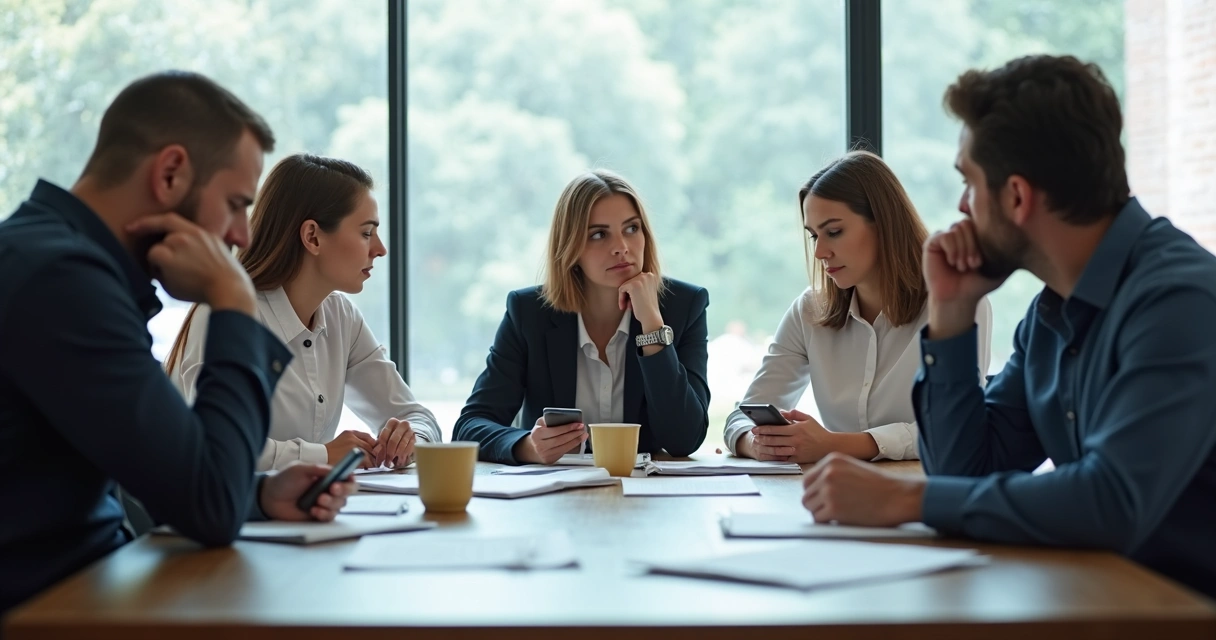 Pessoas reunidas ao redor de uma mesa de reunião, algumas com expressão de cansaço e outras distraídas