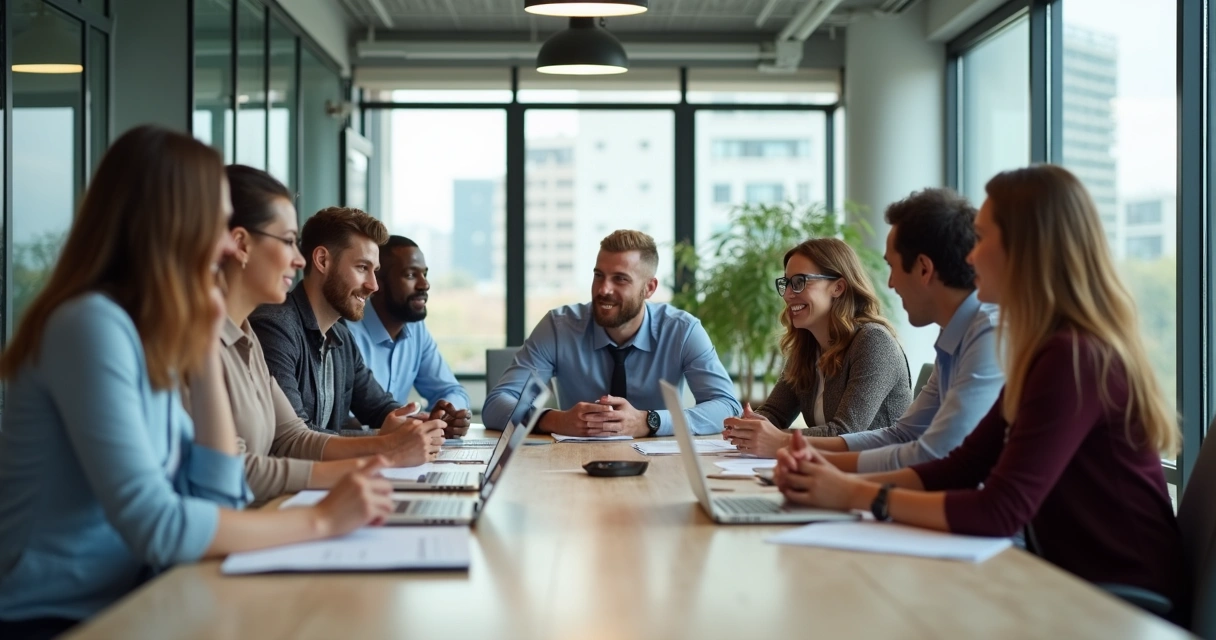 Equipe de trabalho unida, expressão séria, ambiente equilibrado 