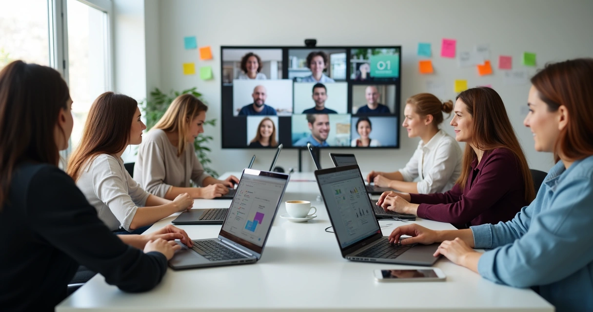 Reunião online de equipe com freelancers em ambiente moderno 