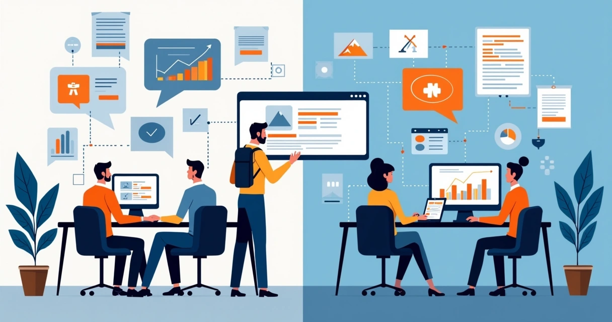 Ilustração corporativa plana mostrando uma equipe de profissionais de engenharia e marketing discutindo estratégias. Na metade esquerda, ícones tradicionais de marketing, como outdoors e panfletos. Na metade direita, elementos de tráfego pago, como telas com gráficos, anúncios digitais e ícones de Google Ads, Meta Ads e TikTok Ads. Cores sóbrias com azul, cinza e toques de laranja para destacar os anúncios digitais. Ambiente de escritório moderno com mesas, computadores e plantas ao fundo. 