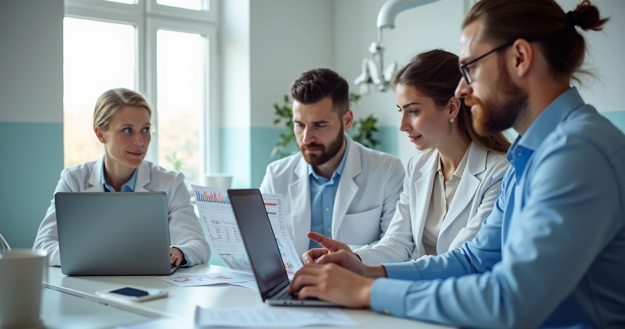 Equipe de marketing reunida em clínica odontológica, trabalhando com dados e estratégia 