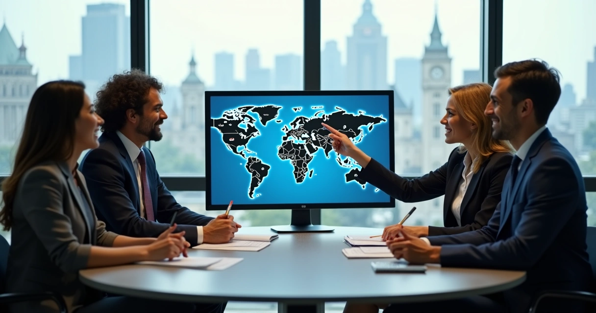 Colaboradores de diferentes nacionalidades unidos em uma sala de reunião