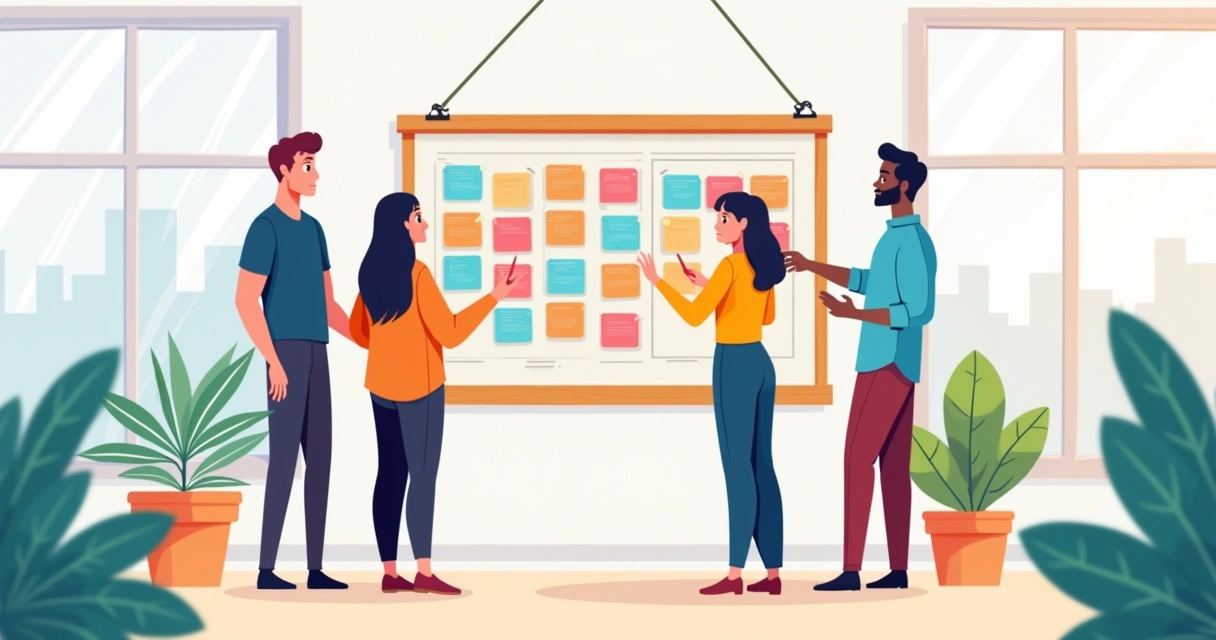 Equipe usando quadro Kanban com cartões coloridos colados em colunas 